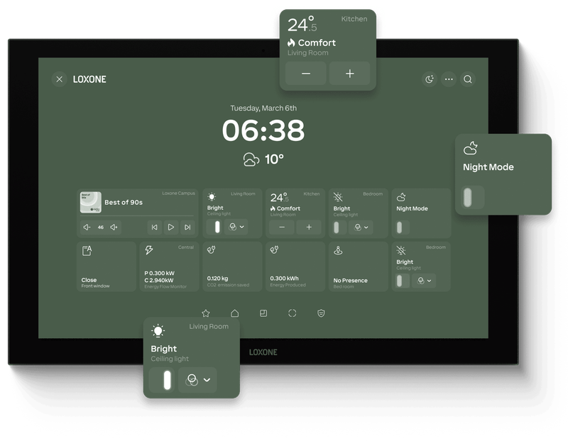 Panel dotykowy Loxone Wall Display z kafelkami sterowania światłem, temperaturą i muzyką